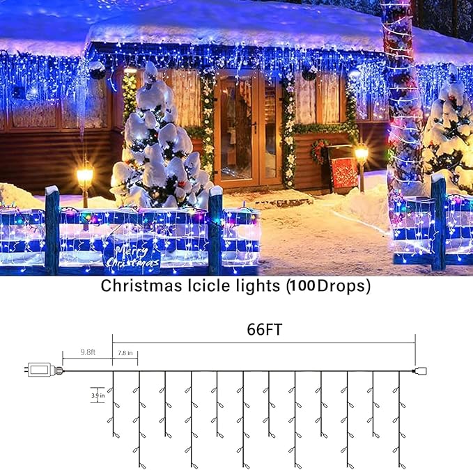 Joomer Christmas Icicle Lights - 66FT String Lights Outdoor Waterproof 8 Modes Timer Connectable Plug-in String Light for Eaves Roofs Christmas Decorations (Blue Non-Connectable)