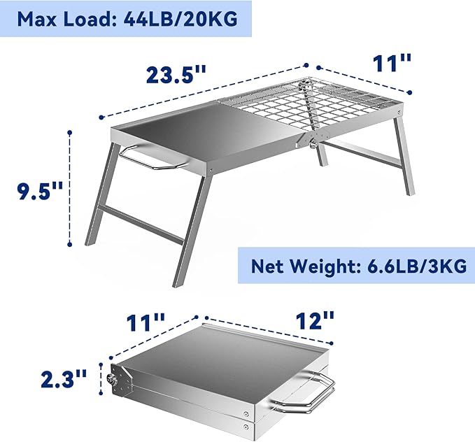 Skyflame Folding Campfire Grill Portable Stainless Steel Camping Grill Grate and Camp Grill Griddle with Collapsible Legs for Versatile Outdoor Backpacking BBQ Over Fire Pit Cooking