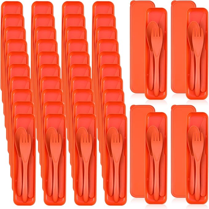 Jinei 50 Sets Reusable Travel Utensils Set with Case Wheat Straw Cutlery Portable Spoon Knife Forks Lunch Box Accessories Friendly Tableware for Kids Adults Camping Utensils(Orange)