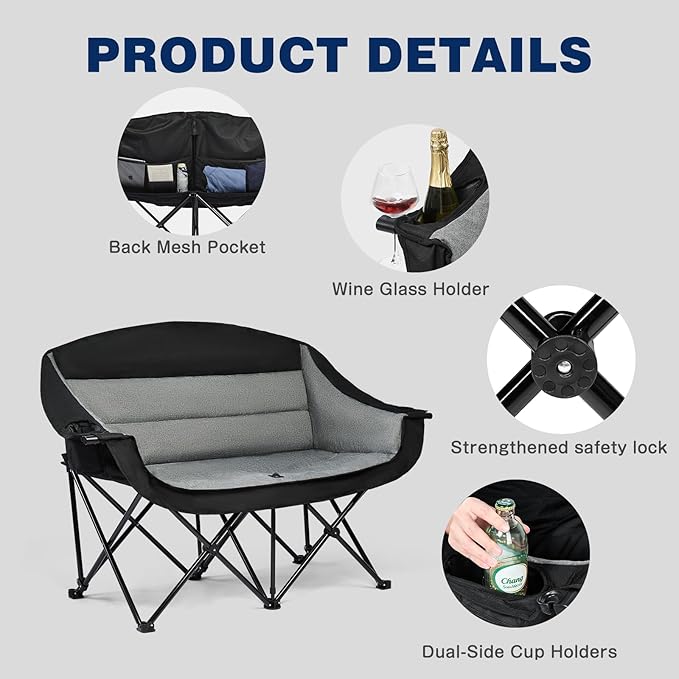 apollo walker Oversized Double Camping Chair for 2 Person - Extra Wide &amp Heavy Duty 600lbs Camp Couch with Dual Cup Holder &amp Carry Bag Camping Loveseat for Outdoor Lawn Beach Park