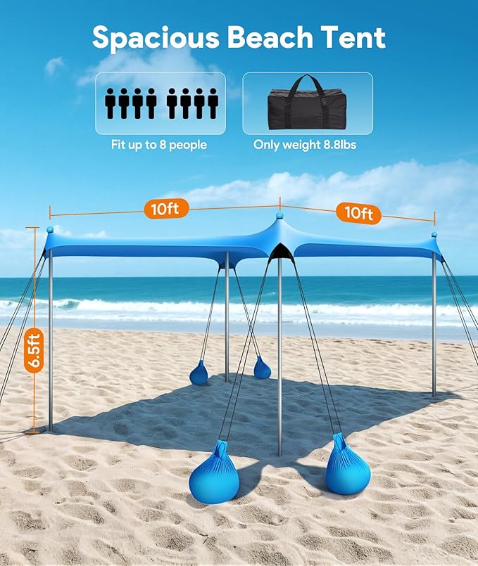 Beach Tent Sun Shelter 10 x 10 FT Beach Canopy Tent Sun Shade UPF50+ Tents Canopy with 8 Sandbags &amp 4 Stability Poles Outdoor Tents for Camping Fishing Sky Blue