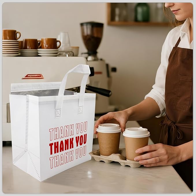 110 Pcs Insulated Take out Bags Bulk Thermal Insulation Take Away Bags 9.4 x 9. 4 x 5.9 Inch for Grocery Lunch Coffee Milk Tea Hot Cold Food Seafood Coffee Pizza Delivery Bags (White)