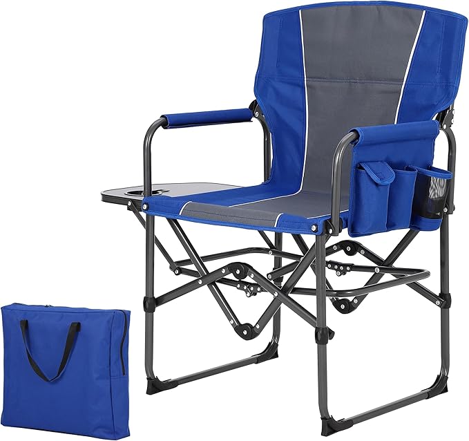 GarveeLife Oversized Directors Camping Chair Portable Camping Chair for Adults Lightweight Aluminum Folding Chair with Side Table and Pocket for Outdoor Camping Sports Picnic Blue