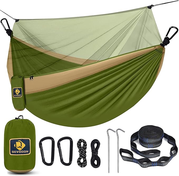 Camping Hammock with NetPortable Lightweight Double Hammocks with Tree Straps and Solid D-Shape CarabinersParachute Nylon Hammock for Backpacking Beach Backyard Patio Hiking Green&ampKhaki