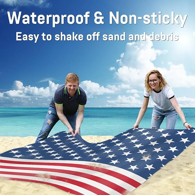 American Flag Beach Blanket Sandproof Beach Mat 68 x 59 Waterproof Quick Drying Sand Free Mat with 4 x Ground Spikes for Outdoor Travel Camping Hiking America 4th of July