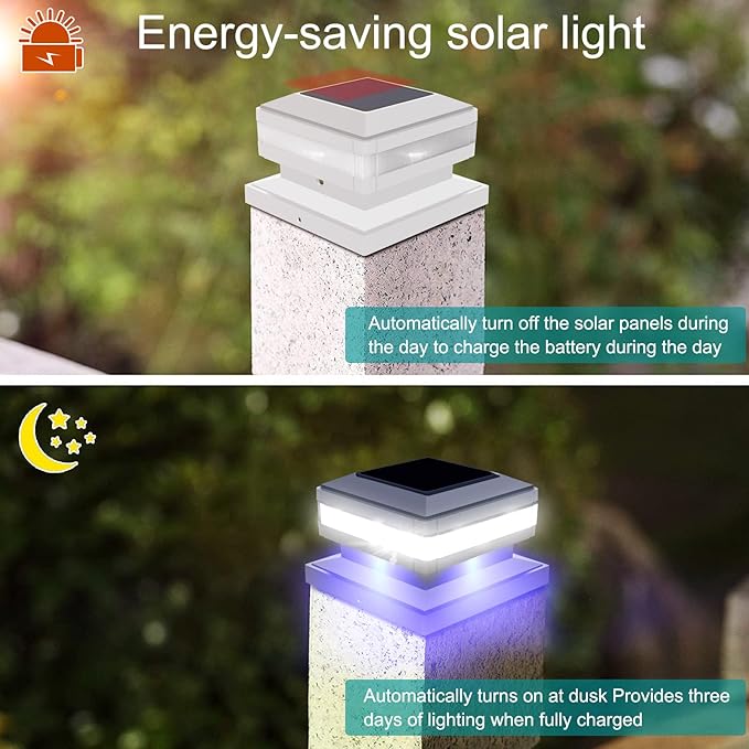 Sumaote Solar Post Lights 52 LED 160LM 6x6 Solar Post Cap Light Outdoor IP65 Waterproof for 4x4 6x6 Wooden Posts Fence Deck 6000K White Lighting for Garden Patio Decor 2 Pack