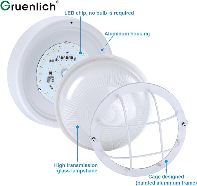 GRUENLICH 8'' Round LED Bulkhead Light Fixture Outdoor Wall Lights Dimmable Sauna &amp Exterior Lighting ETL Rated 15W 1500 Lumen 3000K Warm White White Cast Aluminum Wall/Ceiling Mount 1 Pac