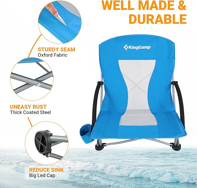 KingCamp Low Beach Chair High Back Folding Camping Chair for Adults Oversized Breathable Mesh Seat 300lbs Heavy Duty Portable Chair with Cup Holder &amp Storage Pockets for Beach Outdoor