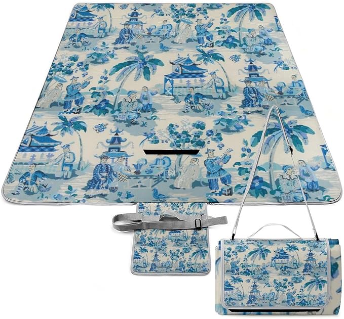 Chinese Style Powder Chinoiserie Blue and White Waterproof Outdoor Picnic Blanket Sandproof Beach Mat for Camping Hiking Grass Travelling