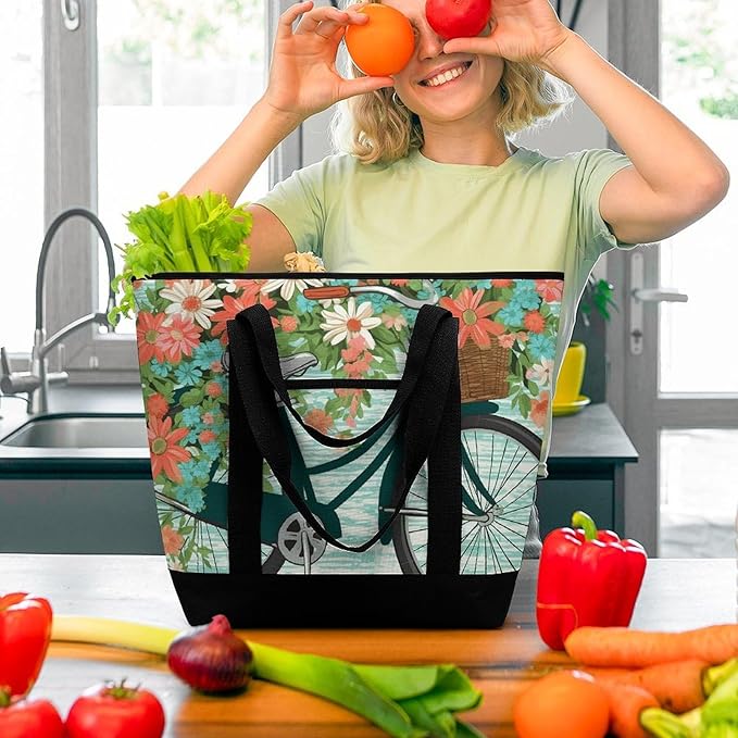 Insulated Shopping BagLarge Reusable Cooler Bags Bicycle with Flower Printed Foldable Shopping BagTravel Waterproof Shoulder Bag