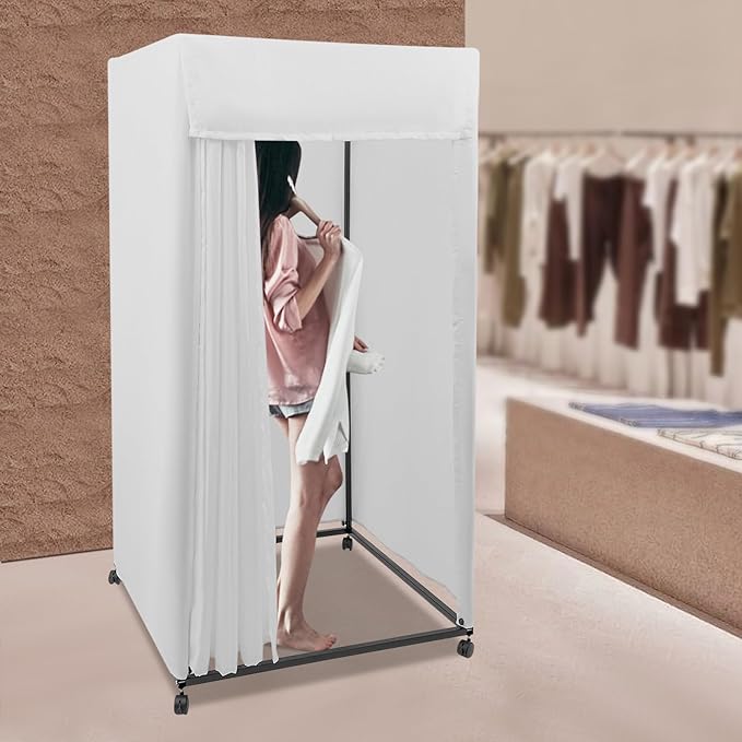 Clothing Store Fitting Room 39×39×78 inch Clothing Store Fitting Room with Shading Curtain Portable Temporary Mobile 95% Privacy Protection Dressing Room with Castors &amp Hanger (White)