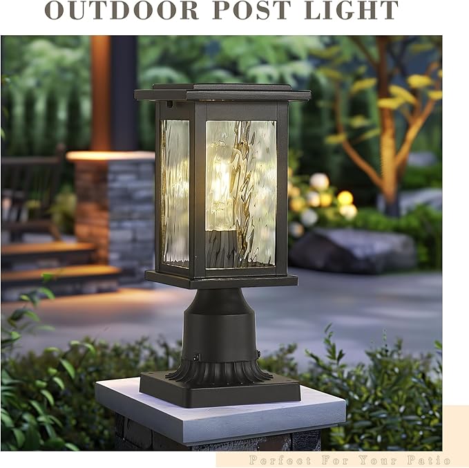Emliviar 2-Pack Outdoor Pole Lightings Black Pole Lamps with Water Ripple Glass Exterior Colummn Lights for Lawn Porch and Yard 1803EW1-P-2PK-WP