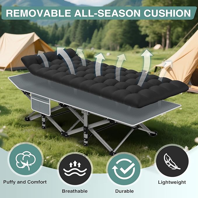 ZENPETIO Camping Cot for Adults Heavy-Duty Portable Cot Bed with Mattress Foldable Padded Sleeping Cots for Camping Travel Tent Day Bed Outdoor &amp Home Guest Max Load 500 LBS 75x28x15”