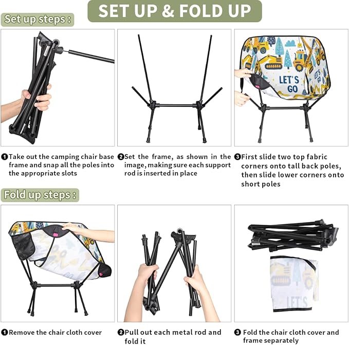 Excavator Truck Digger Camping Chair Lightweight Portable Chairs for Adults Easy Installation Outdoor Foldable Camping Chair for Camping Fishing Hiking Picnic Beach