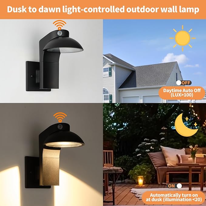 Dusk to Dawn Outdoor Lighting Fixtures 350-Degree Rotating Lamp Head Exterior Front Porch Light Waterproof Wall Lantern Dimmable Outdoor Light Fixture 3000k for House GarageDoorway