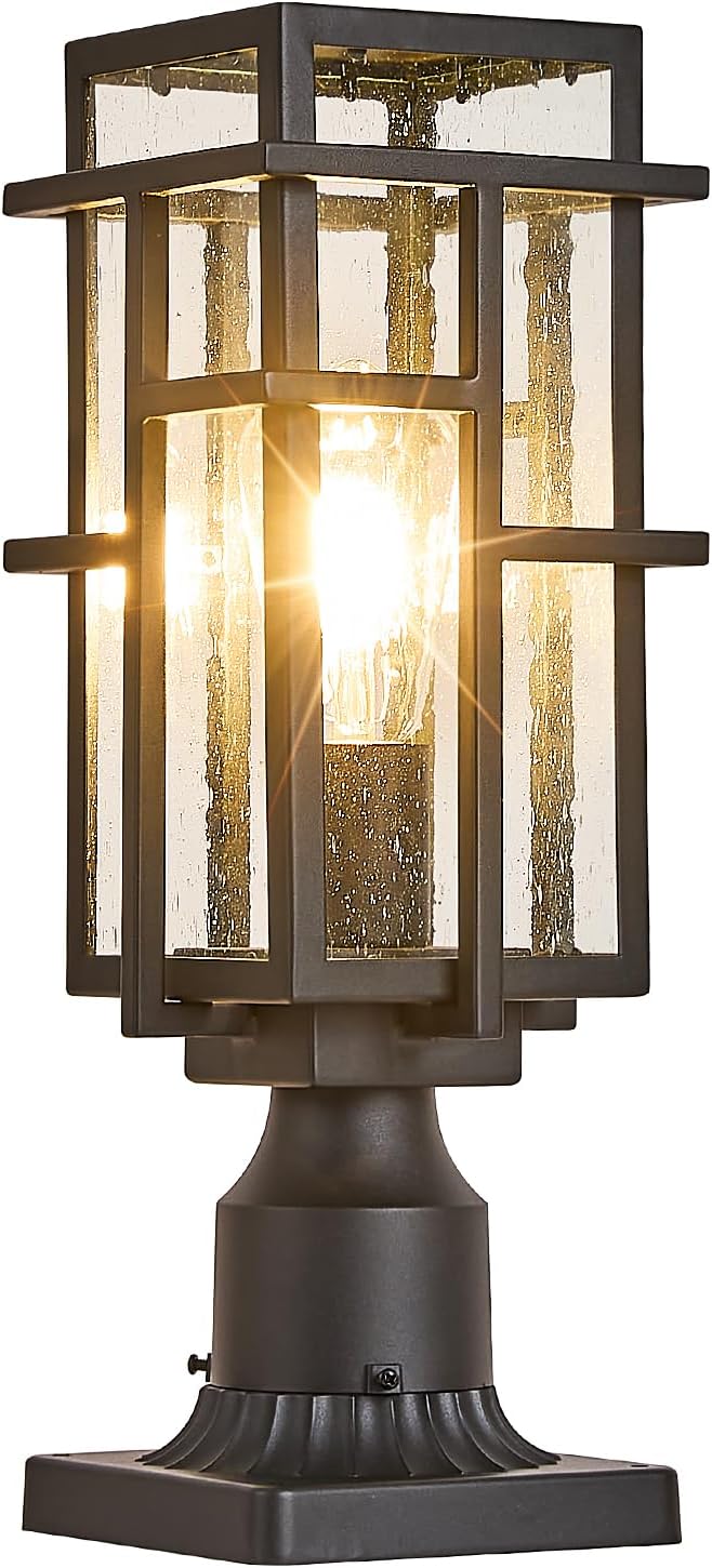 Outdoor Post Lighting Fixture with Pier Mount Base Aluminum Modern Exterior Pillar Lantern with Tough Seeded Glass Waterproof Matte Black Large Outside Pole Lamp for Garden Pathway Driveway