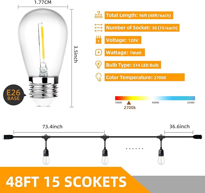Lakumu Outdoor String Lights 96FT(48×2) Commercial Grade Heavy Duty Patio Lights with Dimmable S14 Shatterproof LED Bulbs Linkable Waterproof Bistro Lights for Outside Deck Backyard Cafe Market