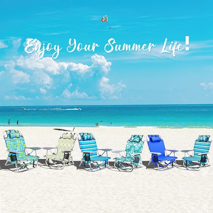 Portable Beach Chair for Adults Outdoor Lightweight Camping Chair Lay Flat Folding Backpack Beach Reclining Chair with 5 Positions Headrest Zipper Pouch Cup Holder Striped