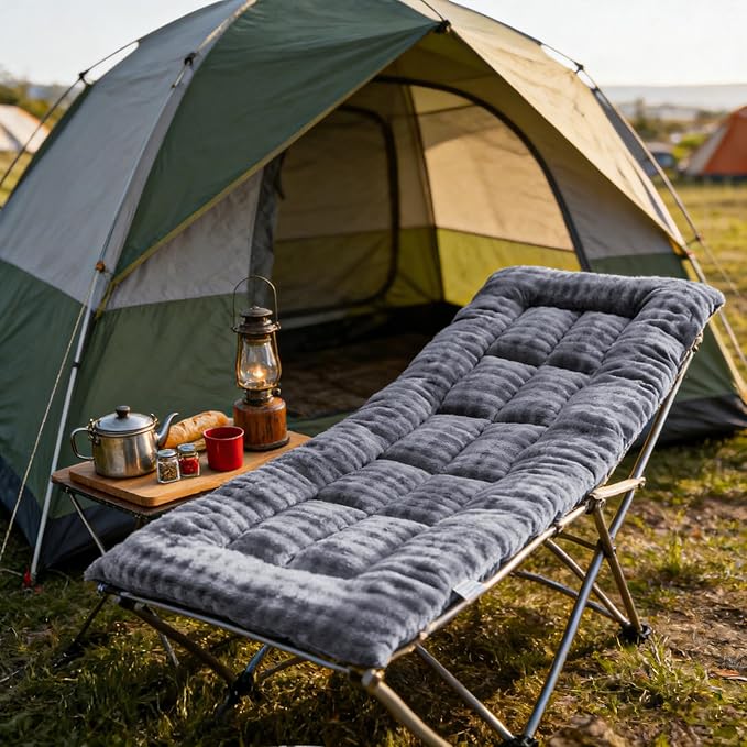 Thick Camping Sleeping Pad - Faux Rabbit Fur Ultra Soft &amp Non-Slip Sleeping Mat with Portable Roll up Camping Cot Pad for Travel Car Tent Guest Bed (75 x 28 Dark Grey)