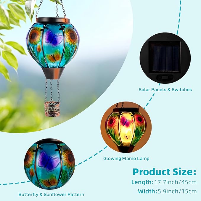 Hot Air Balloon Solar Lantern Butterfly Solars Powered Hot Air Balloon Lantern Outdoor Waterproof Glass Hanging Hots Air Balloons Solar Light for Outdoor Patio Garden Decor