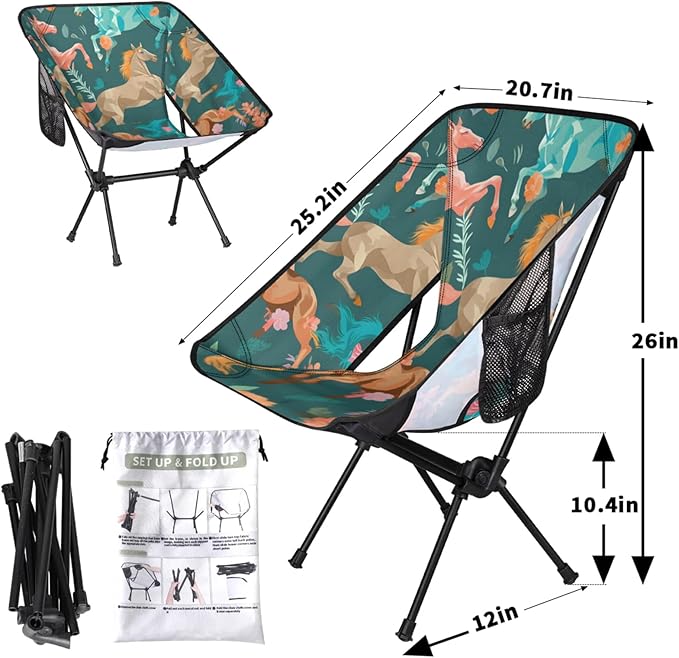 Honeybaby Folding Camping Chair Horses Flowers Print Camping Chairs Lightweight Portable Chair Outdoor Foldable Chairs for Camping Travel Picnic Beach Hiking