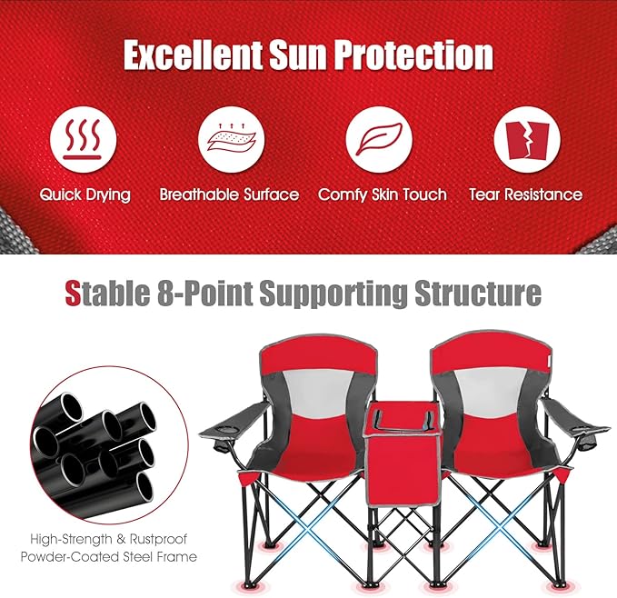 Tangkula Loveseat Camping Chair with Adjustable Shade Canopy Portable Beach Chair with Cooler Bag 2 Cup Holders Carrying Bag Foldable Double Lawn Chair for Travel Fishing Picnic (Red)