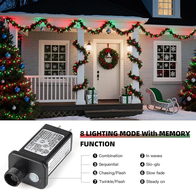 XTF2015 Christmas String Lights 105ft 300 LED Christmas Lights 8 Modes Memory Function &amp Timer- UL Certified - Outdoor Indoor Christma s Fairy Lights for Tree Garden Party Wedding(Red + Green)
