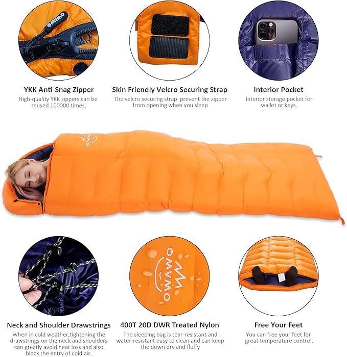 0 20 Degrees F Down Sleeping Bag for Adults4 Season Cold Weather Rectangle Wearable Down Sleeping Bag for Camping HikingCan be Used as Blanket Quilt or Cloakwith Mesh Sack Buckle Strap