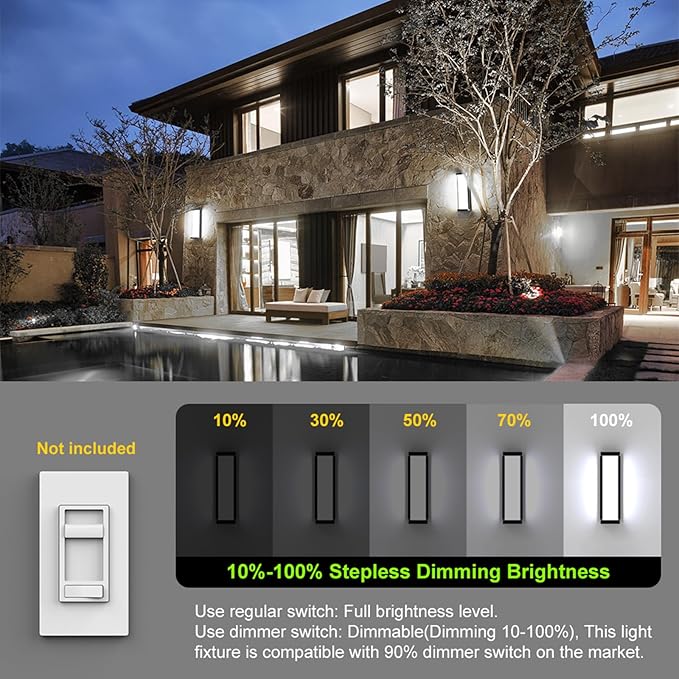 10%-100% Dimming LED Modern Outdoor Wall Light 2 Packs 16in 6000K Dimmable Porch &amp Patio Wall Light FixtureBlack Aluminum&ampDual PC Wall Lights for Garage Living Room Courtyard House(2Packs 60