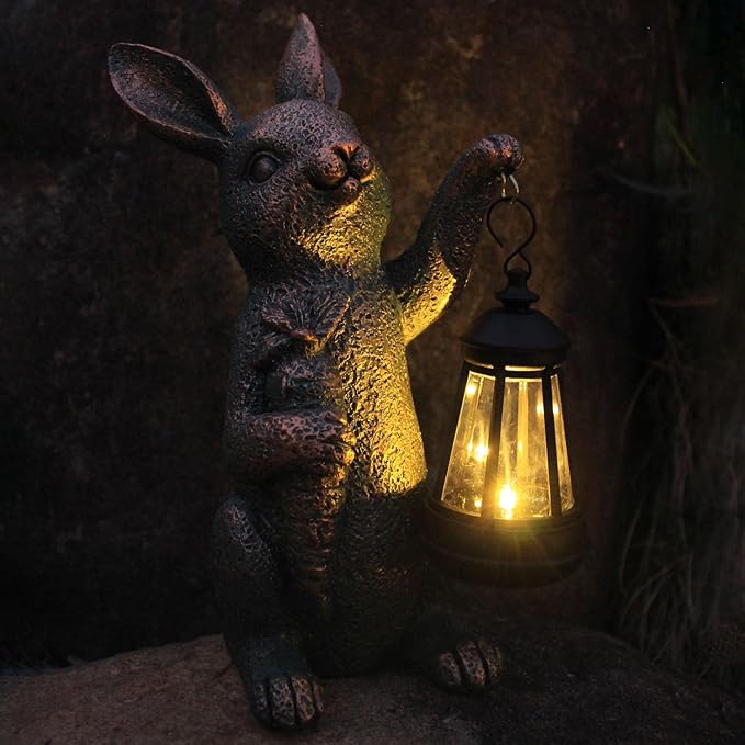Solar Garden Statues -Rabbit Lantern Outdoor Handmade Resin Statue with LED Light Cute Carrot Holder for Patio Yard Gift Ideas (rabbit2)