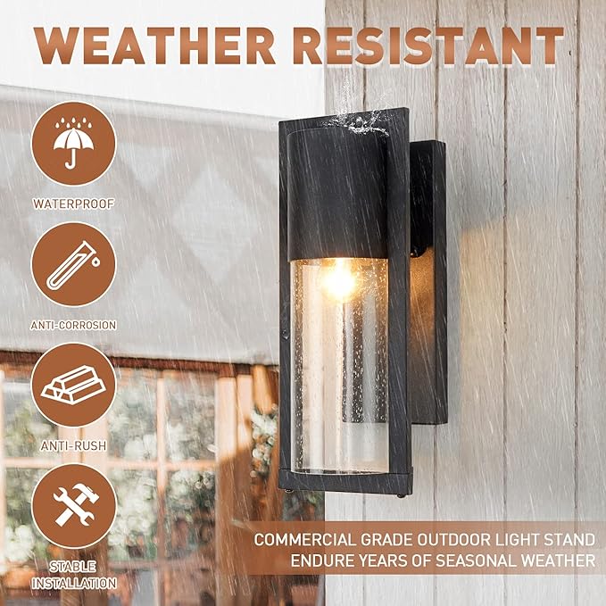 2 Pack Dusk to Dawn Outdoor Wall Lights Modern Farmhouse Outdoor Wall Lanterns Black Porch Light with Seed Glass Modern Waterproof Exterior Light Fixtures Wall Mount Sconce for House Garage Front Door