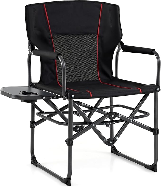 COSTWAY Folding Camping Chair with Side Table Portable Directors Chair with Cup Holder &amp Carry Bag Outdoor Heavy Duty Padded Lawn Chair for Fishing Picnic Sports Beach Support 500 LBS (Black