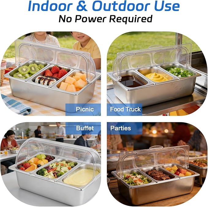 Cold Food Buffet Server 3 Pans×4QT with Ice Packs for Salad Pizza Sauce Colded Serving Trays Condiments Containers for Parties Buffet
