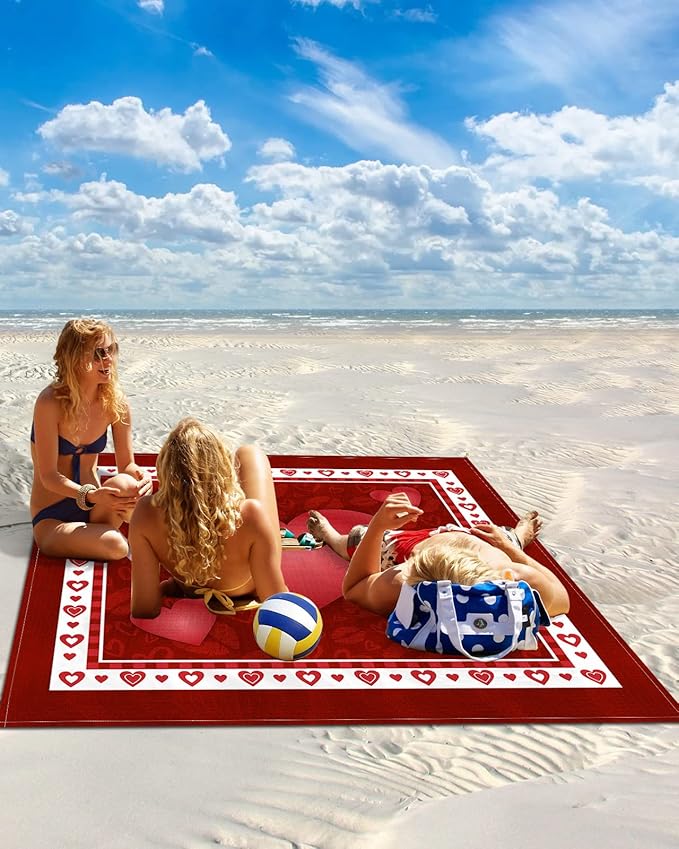 Beach Blanket Waterproof Sandproof OversizedValentine's Day Romantic Love Hearts Beach Mat with Corner Stakes Sand PocketsLip Kiss Texture on Red Outdoor Picnic Mat for Travel Camping118x108In