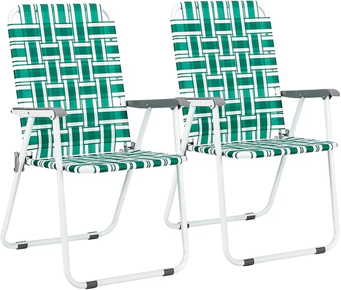 VINGLI Patio Lawn Webbed Folding Chairs Set of 2 Outdoor Beach Chair Portable Dining Chair for Yard Garden (Green Classic)
