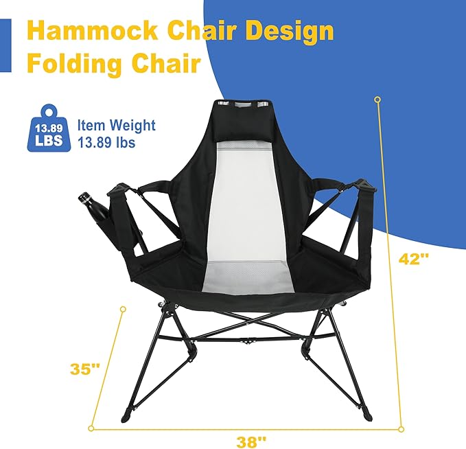 Hammock Camping Chair Portable Chairs with Pillow Cup Holder and Carry Bag Lightweight Foldable Chair for Outside Camping Hiking Travel Beach and Sports (Black)