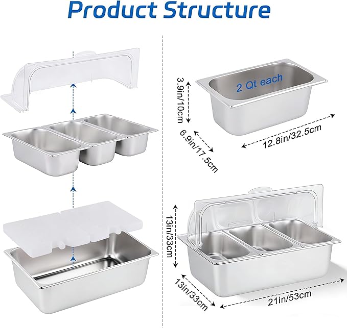 Cold Food Buffet Server 3 Pans×4QT with Ice Packs for Salad Pizza Sauce Colded Serving Trays Condiments Containers for Parties Buffet