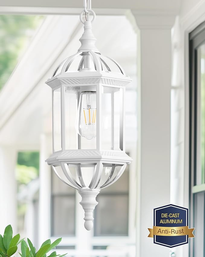 VIANIS Outdoor Hanging Lights White Outdoor Pendant Lights with Tempered Beveled Glass 20 Inch 1-Light Adjustable Outdoor Chandelier for Entryway Gazebo Waterproof and Anti-Rust 100% Aluminum