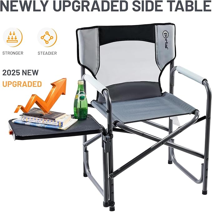 Portal Folding Director Chair with 2-Way Rotating Side Table Heavy Duty 300 lb Camping Chair with Swivel Tray &amp Cup Holder Ergonomic Mesh Back Portable Outdoor Seat for RV Tailgating &amp Lawn