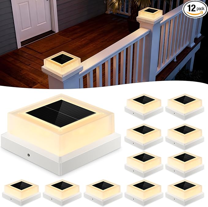 4x4 Solar Post Cap Lights 12pack Fence Post Solar Lights Outdoor Waterproof with Warm White LightingWhite Waterproof Cap Post Lights fit 3.5x3.5/4x4 Wooden/Vinyl Posts