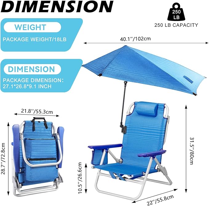 Beach Chair Backpack Chairs for Adults with Adjustable Umbrella Folding Beach Chairs with Storage PouchCup Holder &amp Towel Rack Adjustable Lounge Chair for Seaside（2pcs/Blue）