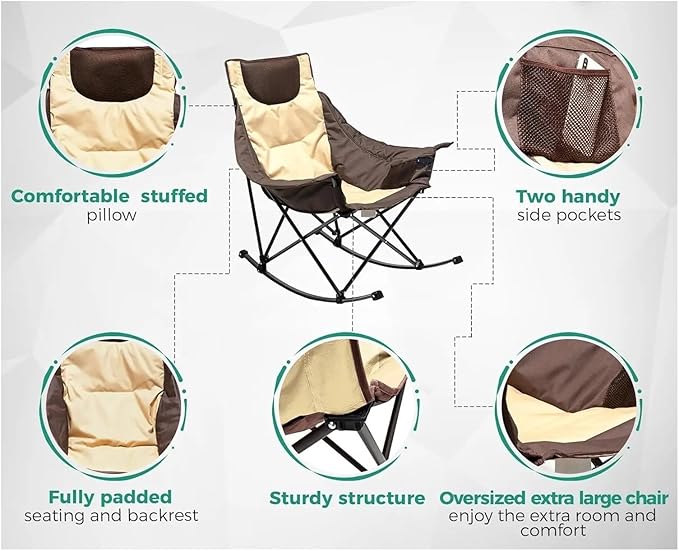 PETRELS Outdoor Folding Chair Rocking Camping Chair Luxury Padded Recliner Oversized Folding Lawn Chair with Pocket Heavy Duty