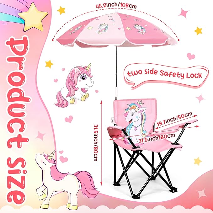 Outdoor Toddler Camping Chair with Umbrella Foldable Beach Chairs with Safety Lock for Kids Waterproof Lawn Kids Folding Chair for Outside Beach Travel(Unicorn)