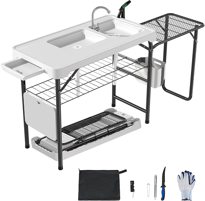 Dragosum Fish Cleaning Table Portable Folding Camping Table with Folding Grill Extension Board Fish Cleaning Station with Dual Sinks Hose Hook Up