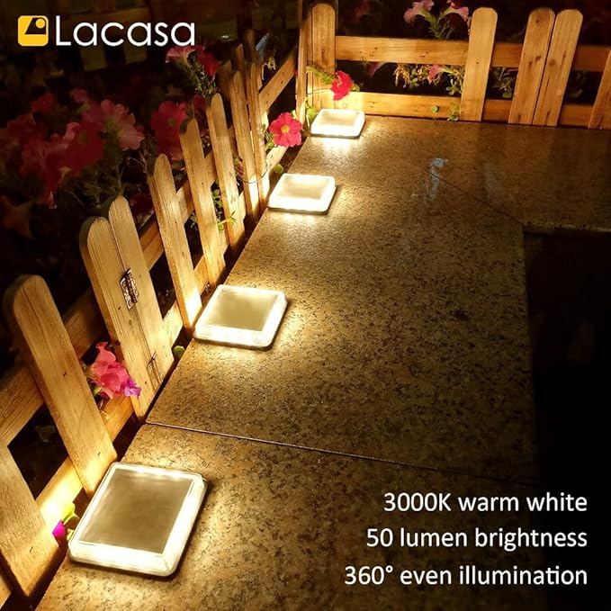 Lacasa Solar Deck Lights 4 Pack Warm White Outdoor In-Ground Driveway Walkway Dock IP68 Waterproof Solar Powered Stair Step Pathway Fence Auto On/Off LED for Garden Yard Patio
