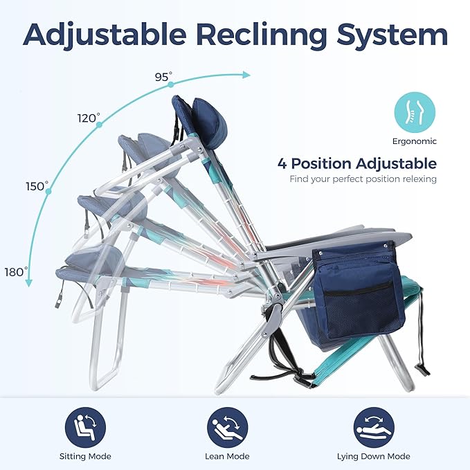 LET'S CAMP Backpack Beach Chair Set of 2 4-Position Classic Lay Flat Pillow and Padded Shoulder Straps Storage Pouch and Towel Bar Support 250LBS Wave