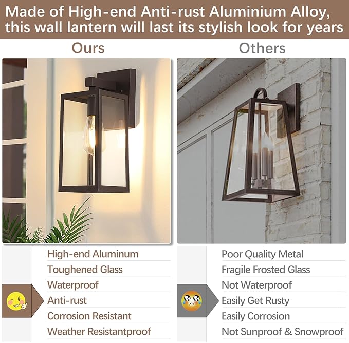 MAXvolador Outdoor Wall Sconce Exterior Waterproof Wall Lantern Light Fixture Dark Chocolate Porch Light Glass Anti-Rust E26 Patio Lighting 2 Pack