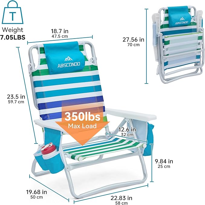 Beach Chair Beach Chairs for Adults 2 Pack Outdoor Folding Beach Chairs for Adults Supports up to 350lbs with 5 Positions Towel bar Cooler Pouch Storage Pouch.