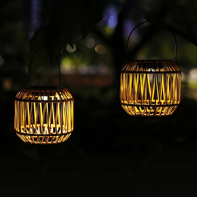 Solar Outdoor Rattan Lanterns Decorative Hanging Lights for Patio Garden Backyard（Two Pack）(Style 1)