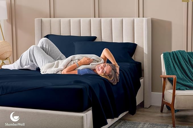 SlumberWell 4 Piece Luxury Soft Microfiber Fitted Bed Sheet Set for Campers 8 to 12 Inch Deep Pocket RV Short Queen 60 x 75 Navy Blue